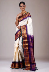 Off White with Purple Border Gadwal Pure Silk Saree With Blouse Piece