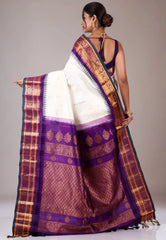 Off White with Purple Border Gadwal Pure Silk Saree With Blouse Piece