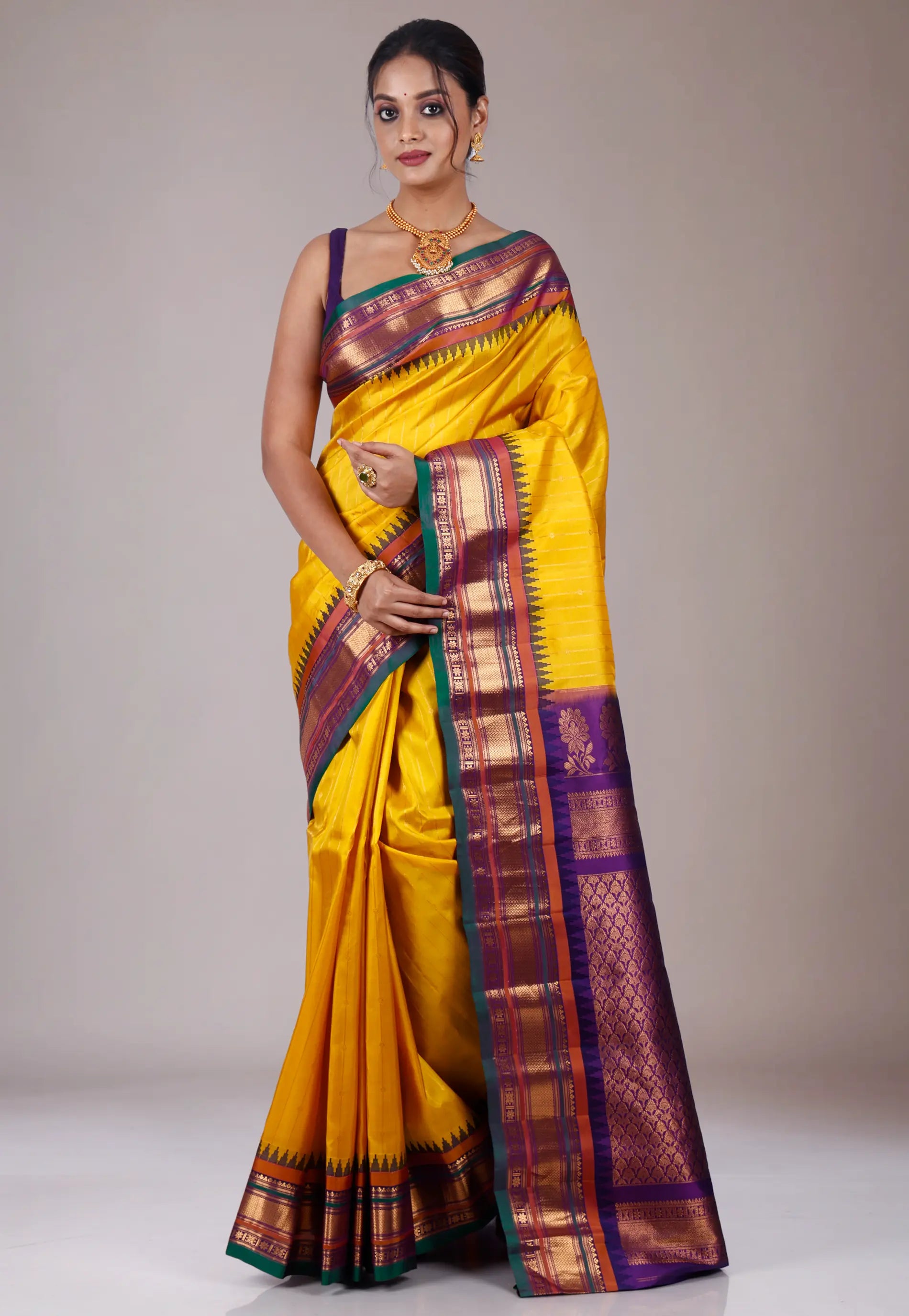 Yellow with Purple Border Gadwal Pure Silk Saree With Blouse Piece