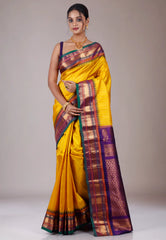 Yellow with Purple Border Gadwal Pure Silk Saree With Blouse Piece