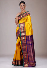 Yellow with Purple Border Gadwal Pure Silk Saree With Blouse Piece