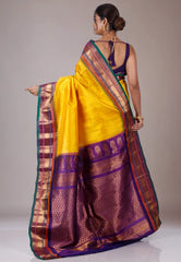Yellow with Purple Border Gadwal Pure Silk Saree With Blouse Piece