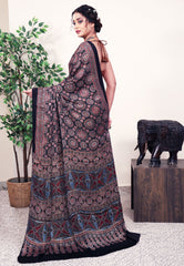 Black Ajrakh print in Modal Silk Saree With Blouse Piece