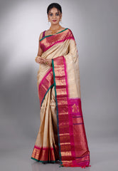 Beige with Rani Border Gadwal Pure Silk Saree With Blouse Piece