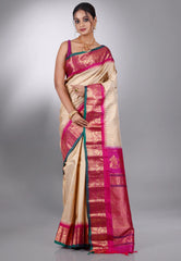 Beige with Rani Border Gadwal Pure Silk Saree With Blouse Piece