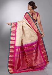 Beige with Rani Border Gadwal Pure Silk Saree With Blouse Piece
