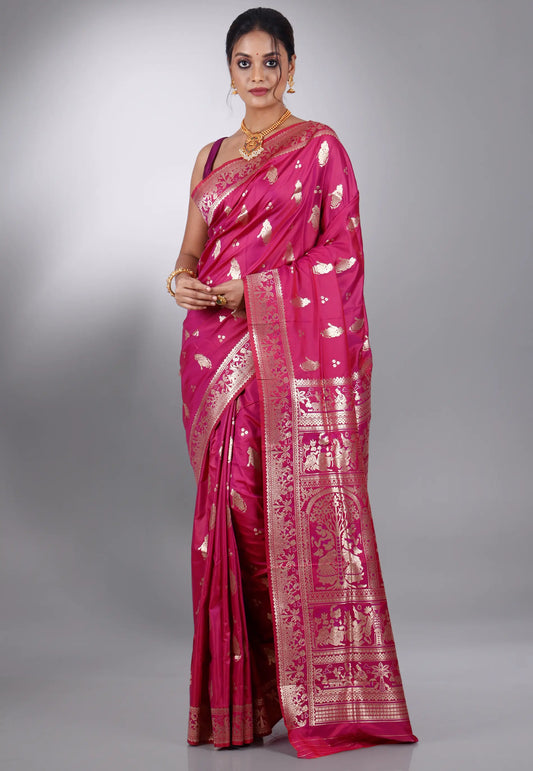 Neon Pink Baluchari Silk Saree with Blouse Piece