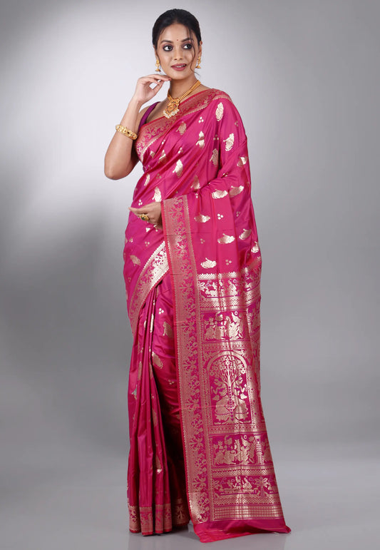 Neon Pink Baluchari Silk Saree with Blouse Piece