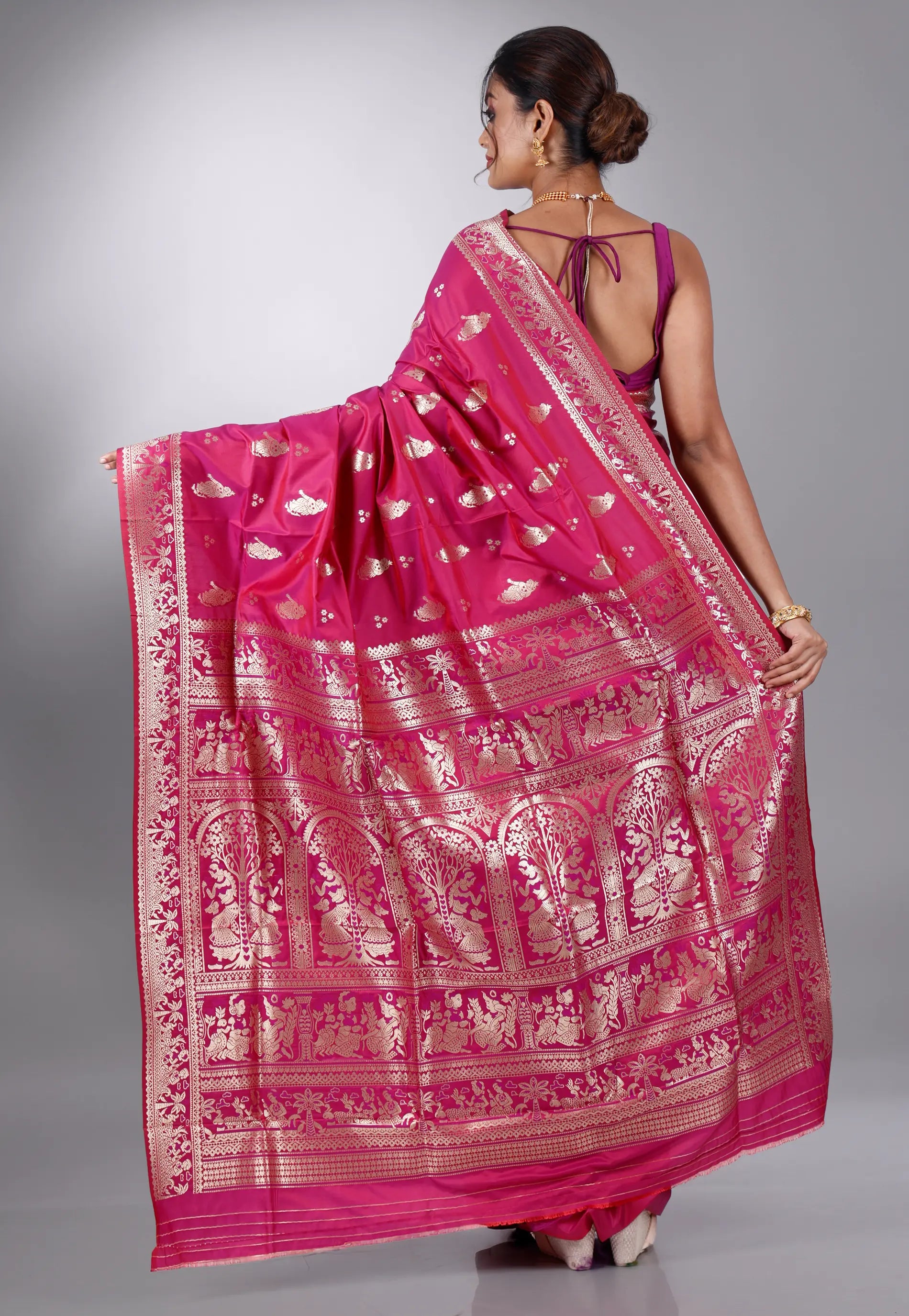 Neon Pink Baluchari Silk Saree with Blouse Piece