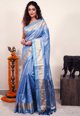 Blue Handloom Ikkat Saree With Blouse Piece