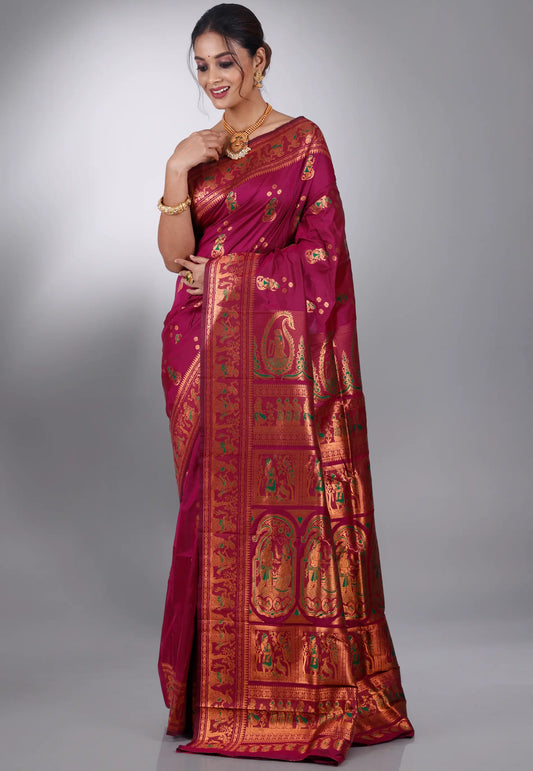 Magenta Baluchari Silk Saree with Blouse Piece