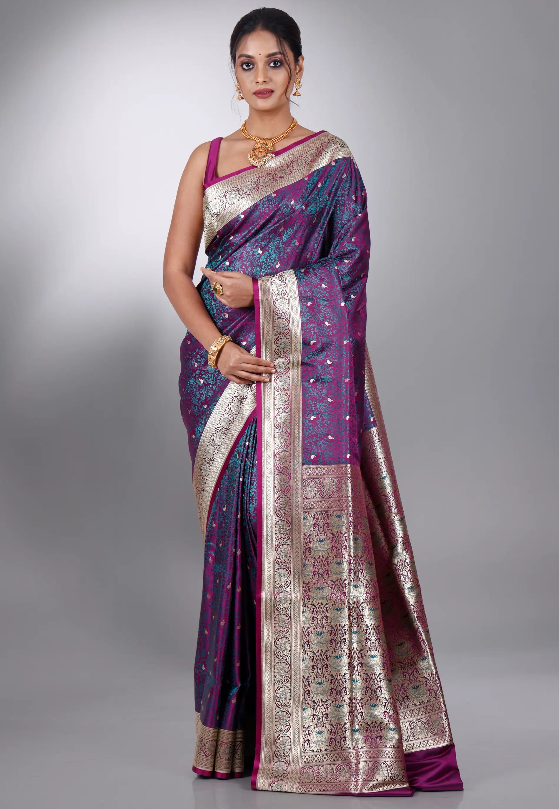 Dual colour of Purple and Rama Green Pashmina Wedding Banarasi Silk Saree with Blouse Piece
