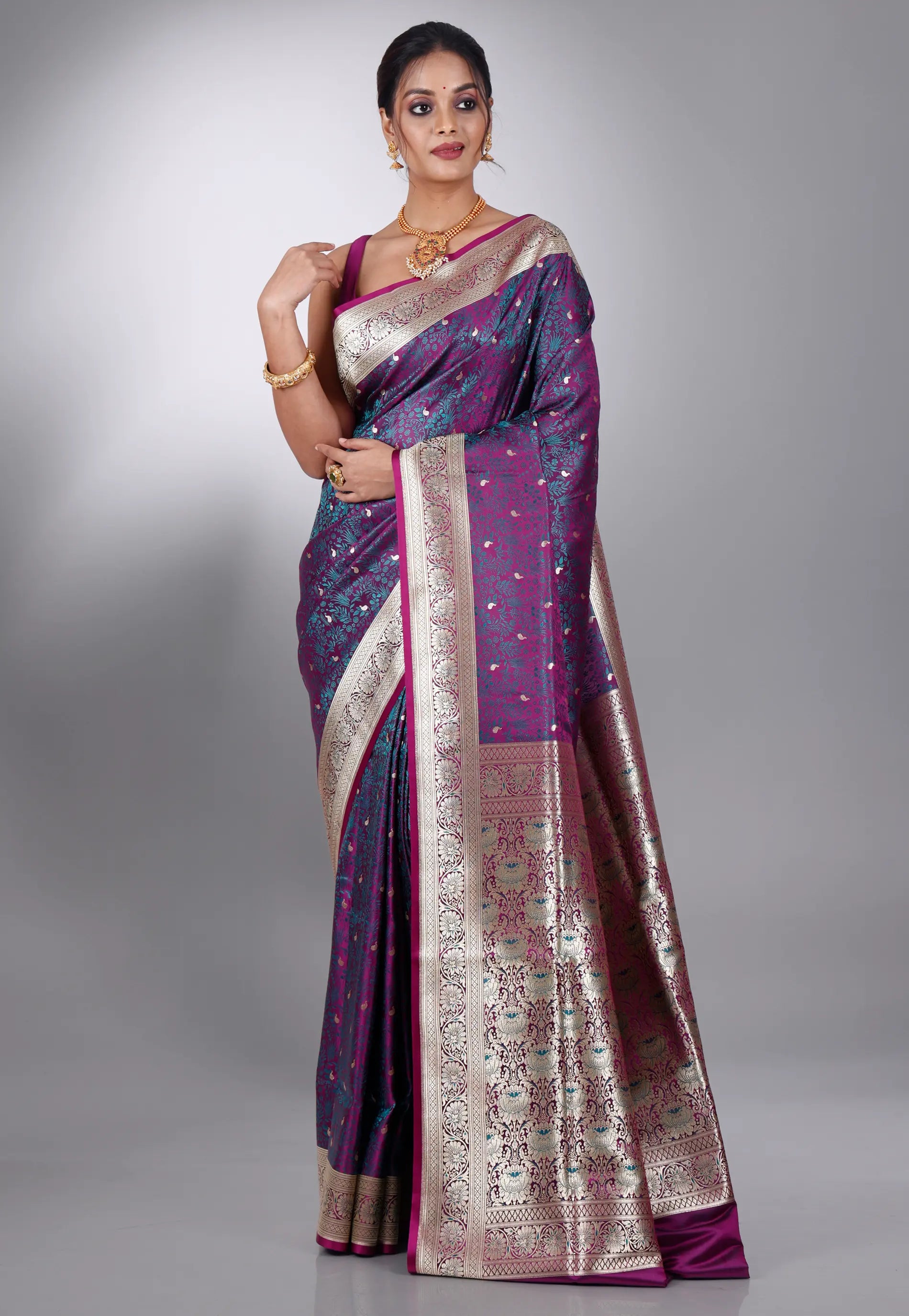 Dual colour of Purple and Rama Green Pashmina Wedding Banarasi Silk Saree with Blouse Piece