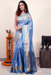 Blue Handloom Ikkat Saree With Blouse Piece