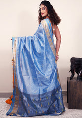 Blue Handloom Ikkat Saree With Blouse Piece