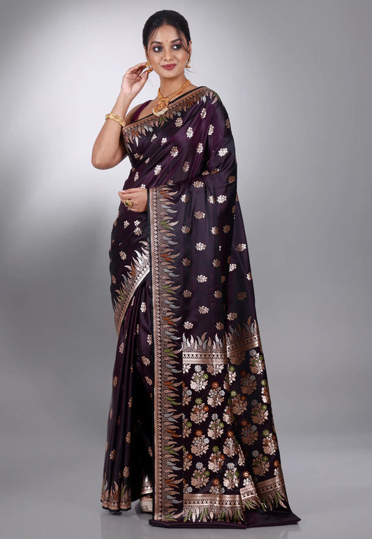 Dark Purple Wedding Banarasi Silk Saree with Blouse Piece
