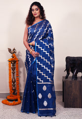 Turquoise Blue Kora Silk Saree With Blouse Piece