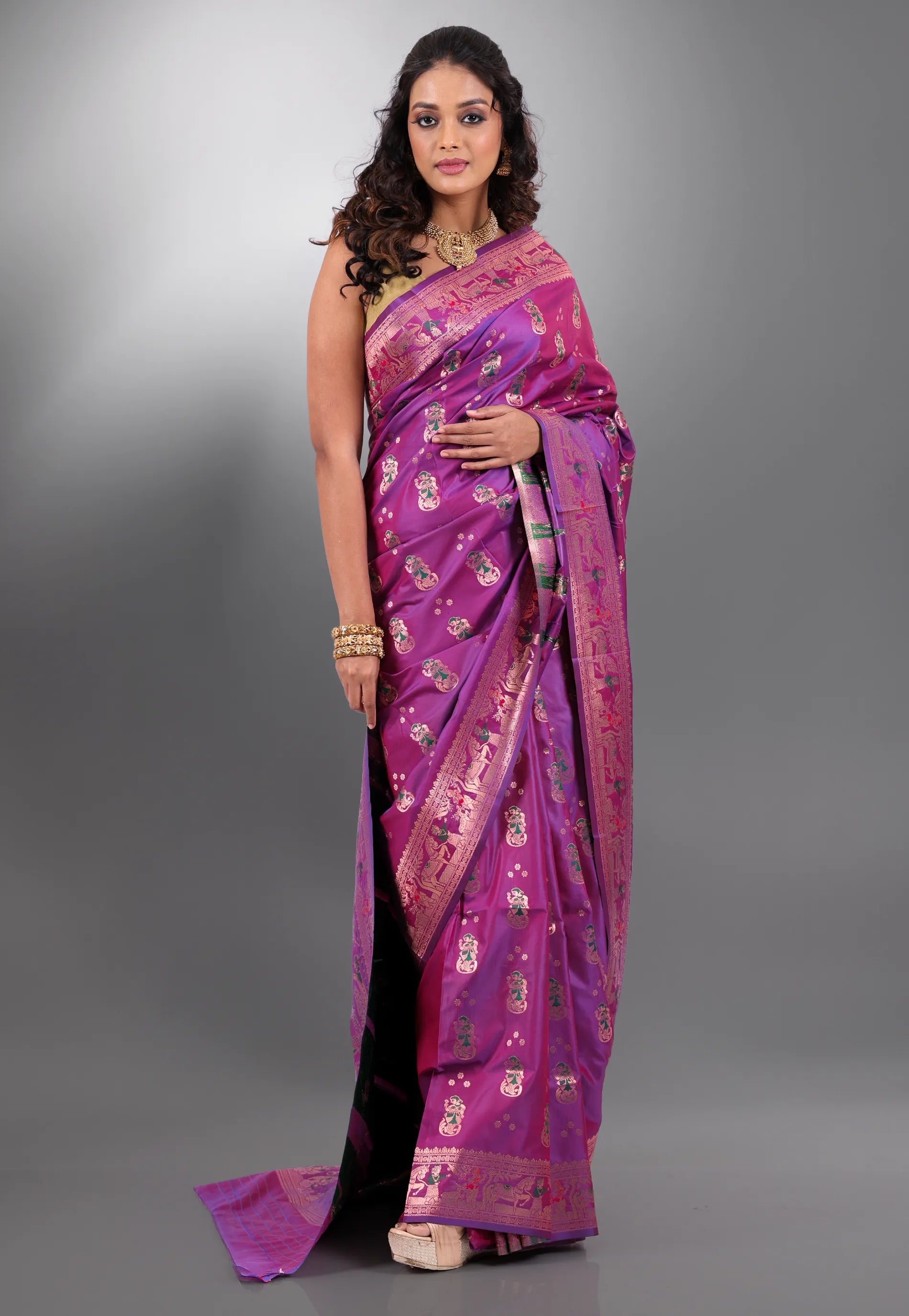 Magenta Baluchari Silk Saree with Blouse Piece - Adi Akshoy & Co.