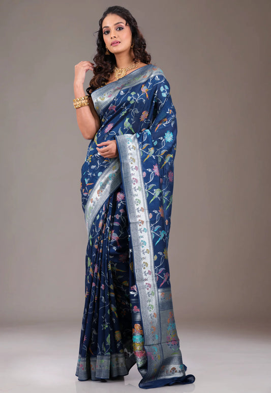 Navy Blue with Zari work Tussar Silk Saree with Blouse Piece - Adi Akshoy & Co.