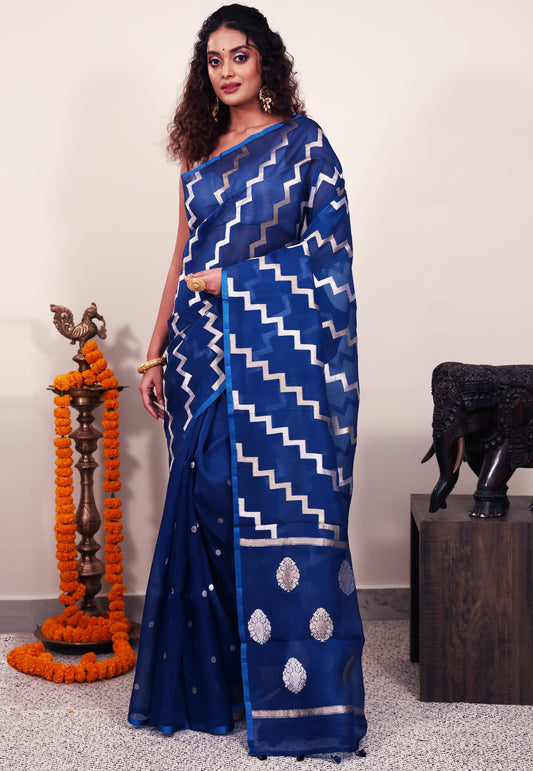 Turquoise Blue Kora Silk Saree With Blouse Piece