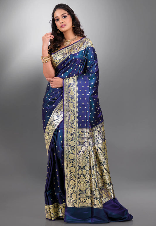 Peacock Blue with Zari work Wedding Banarasi Saree with Blouse Piece - Adi Akshoy & Co.