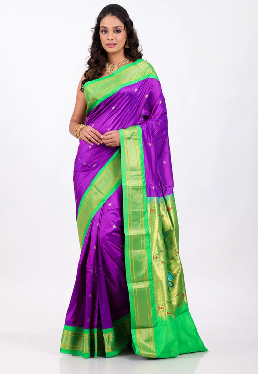 Purple with Green Border Pure Paithani Silk Saree With Blouse Piece - Adi Akshoy & Co.