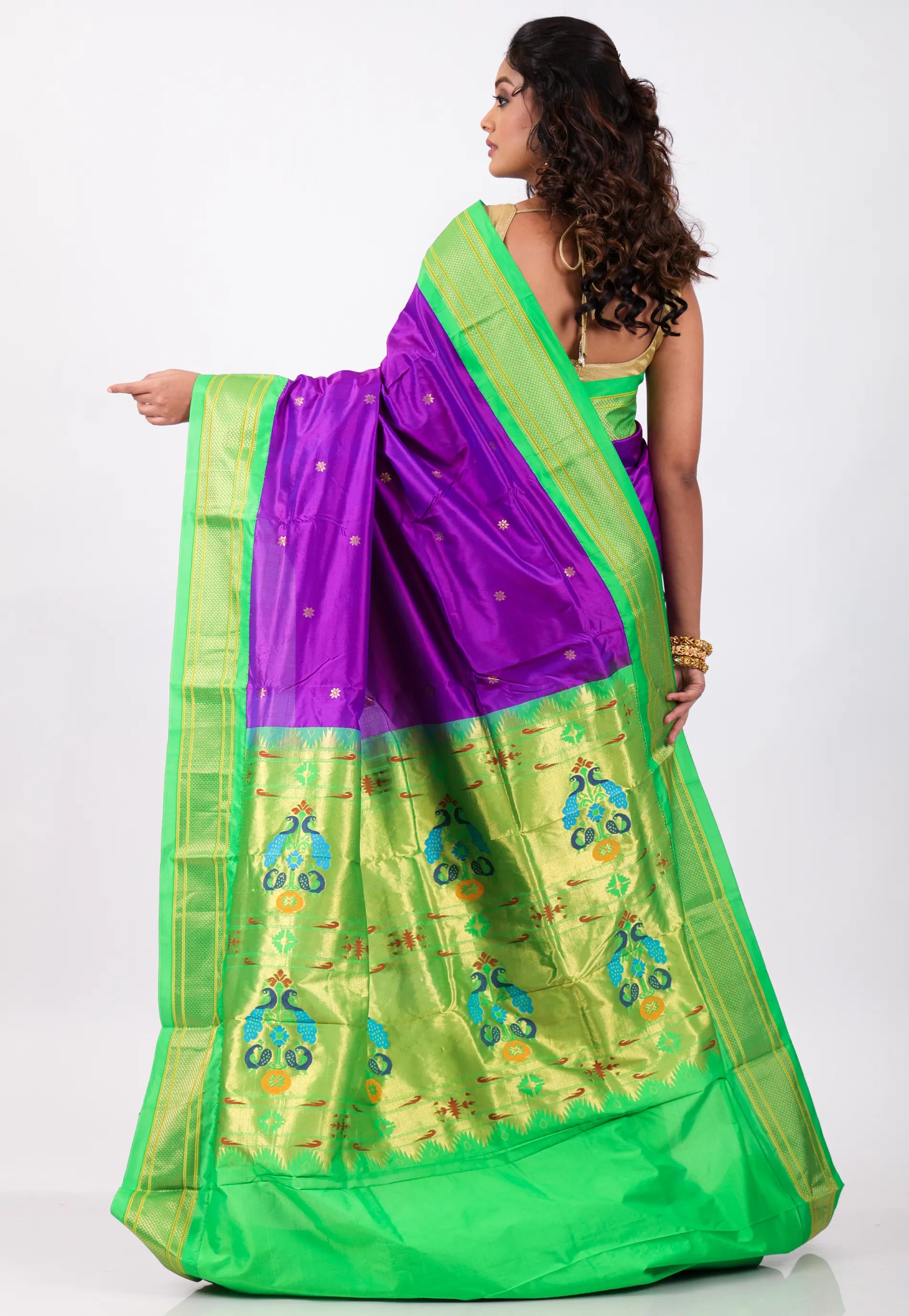 Purple with Green Border Pure Paithani Silk Saree With Blouse Piece - Adi Akshoy & Co.