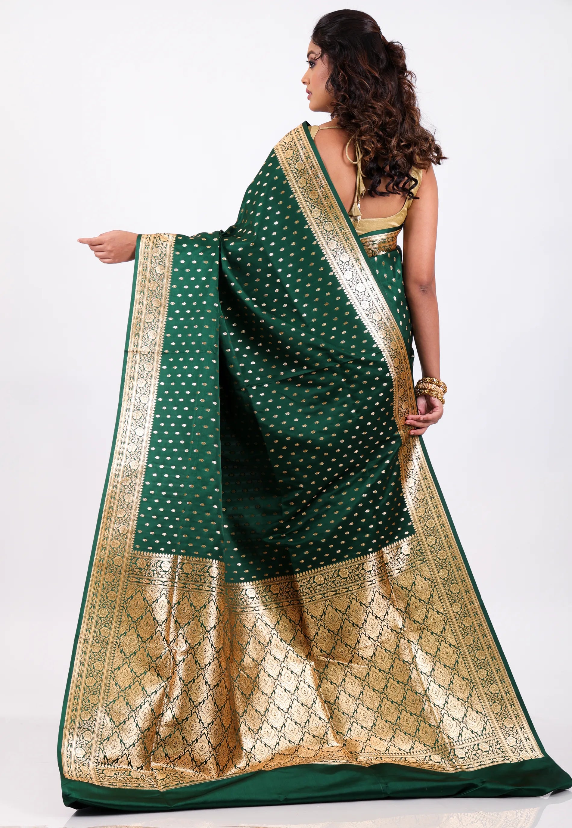 Bottle Green with Golden Zari work Wedding Banarasi Saree with Blouse Piece - Adi Akshoy & Co.