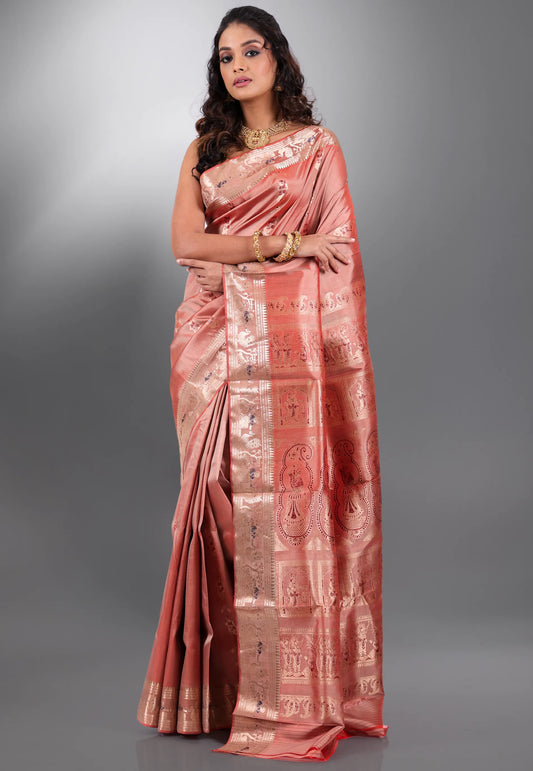 Rust Pure Baluchari Silk Saree with Blouse Piece - Adi Akshoy & Co.