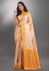 Beige with Yellow Border Pastel Banarasi Saree With Blouse Piece - Adi Akshoy & Co.