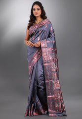 Grey Pure Baluchari Silk Saree with Blouse Piece - Adi Akshoy & Co.