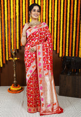 Red Minakari Kadwa Pure Silk Banarasi Saree with Blouse Piece