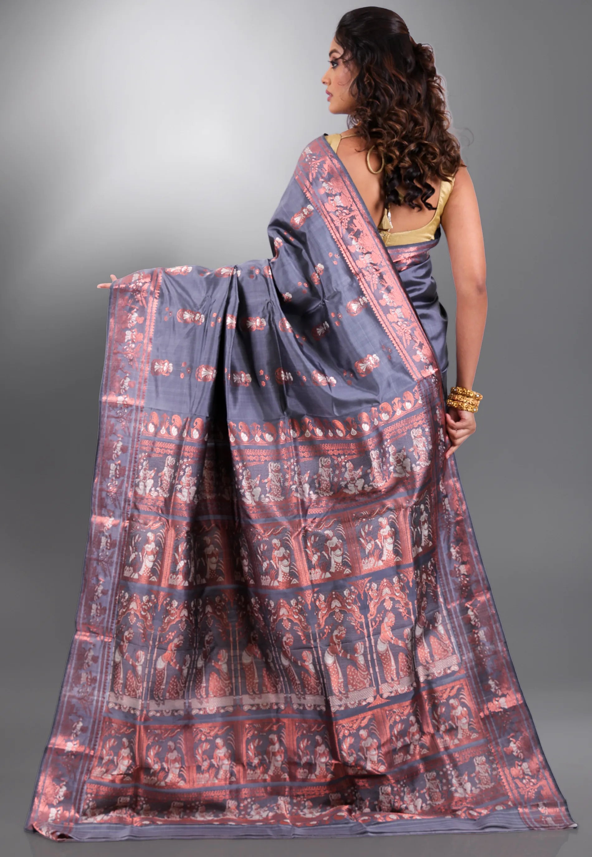 Grey Pure Baluchari Silk Saree with Blouse Piece - Adi Akshoy & Co.