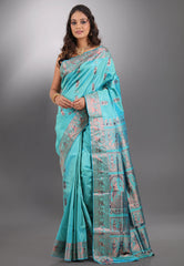 Sea Green Pure Baluchari Silk Saree with Blouse Piece - Adi Akshoy & Co.