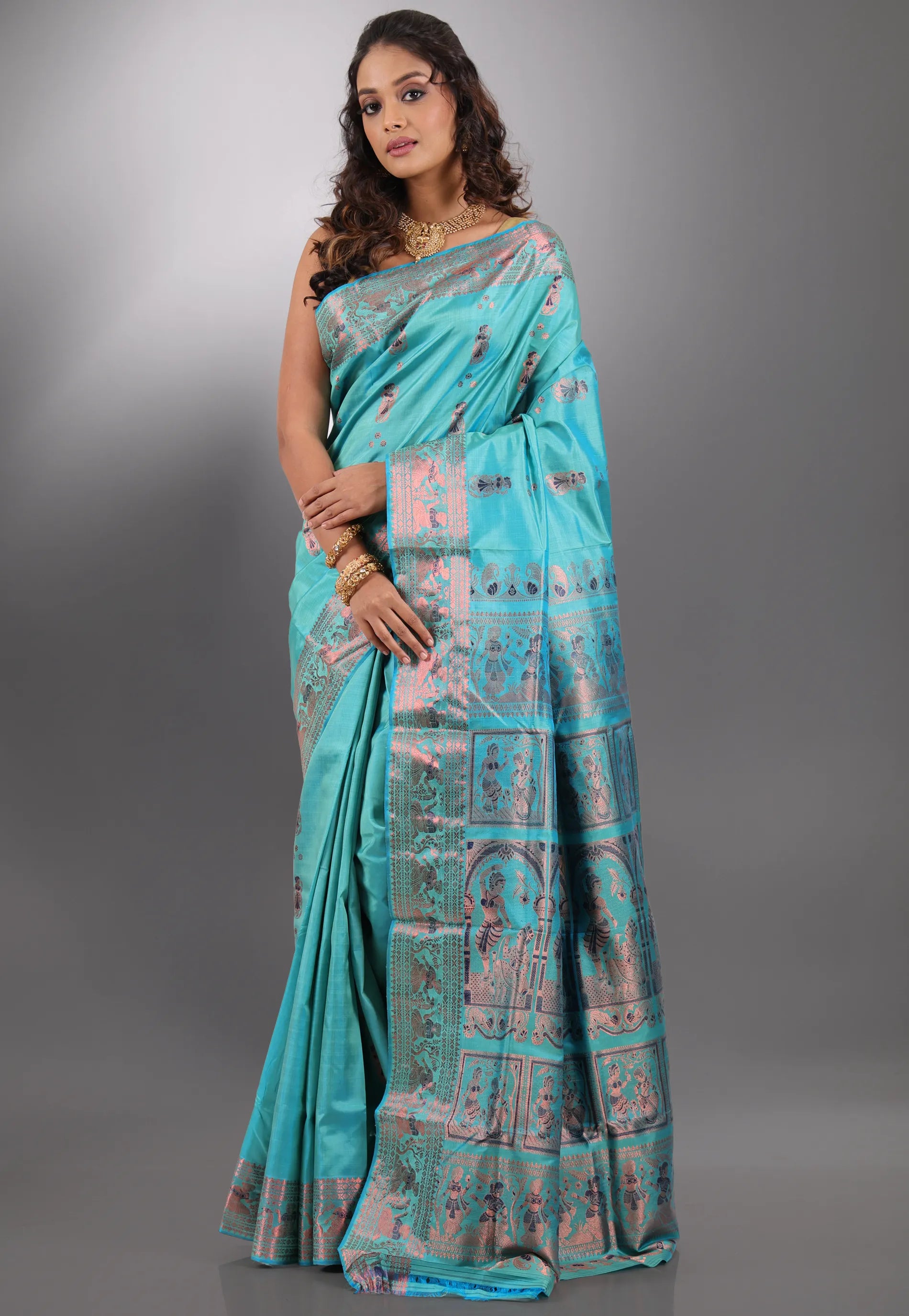 Sea Green Pure Baluchari Silk Saree with Blouse Piece - Adi Akshoy & Co.