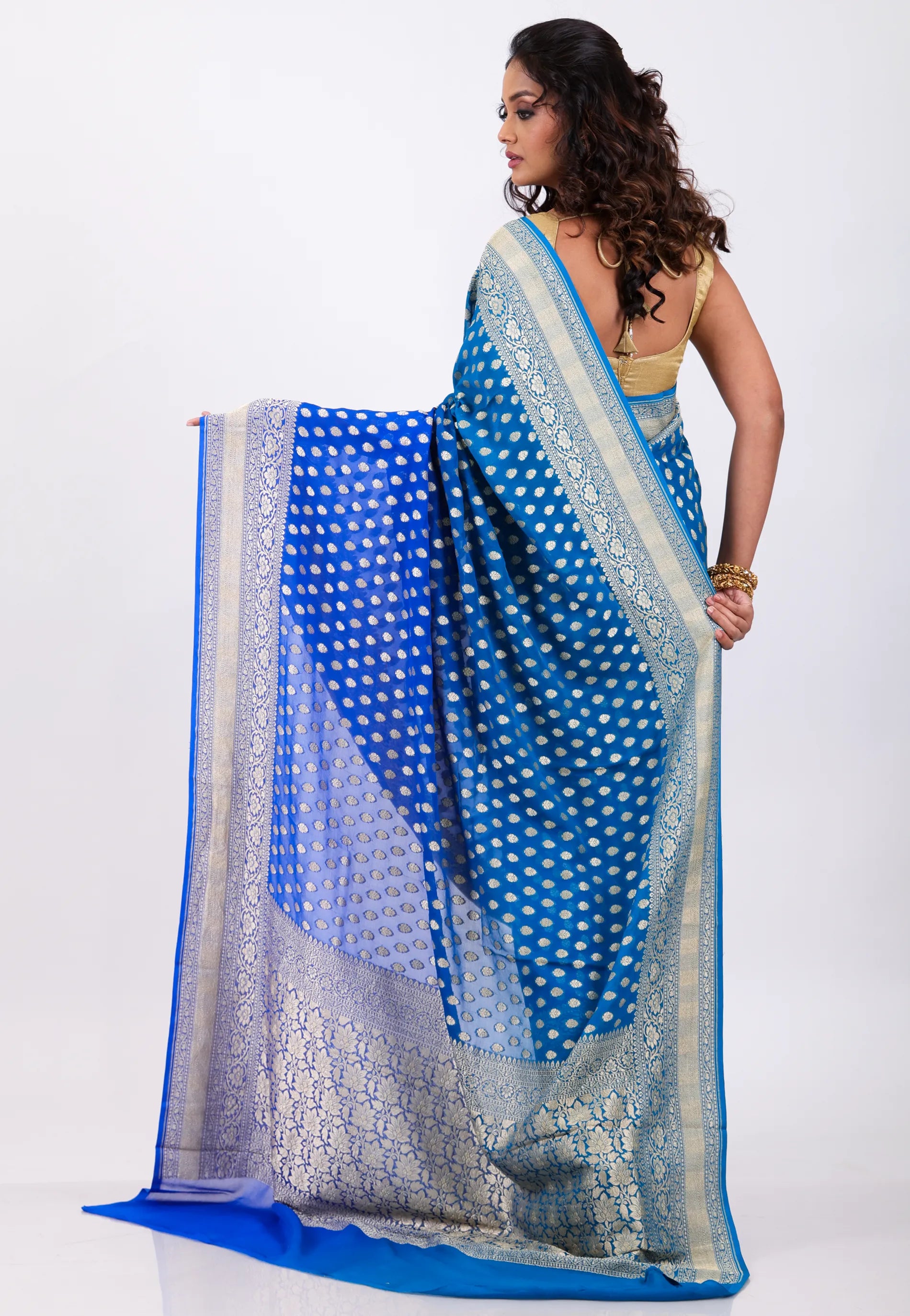Blue with  Zari work Khaddi Georgette Benarasi Saree with Blouse Piece - Adi Akshoy & Co.