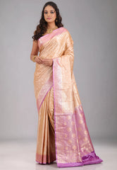 Beige with Purple Border Pastel Banarasi Saree With Blouse Piece