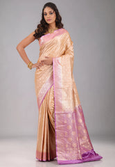 Beige with Purple Border Pastel Banarasi Saree With Blouse Piece