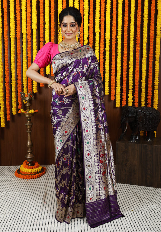 Purple Minakari Kadwa Pure Silk Banarasi Saree with Blouse Piece