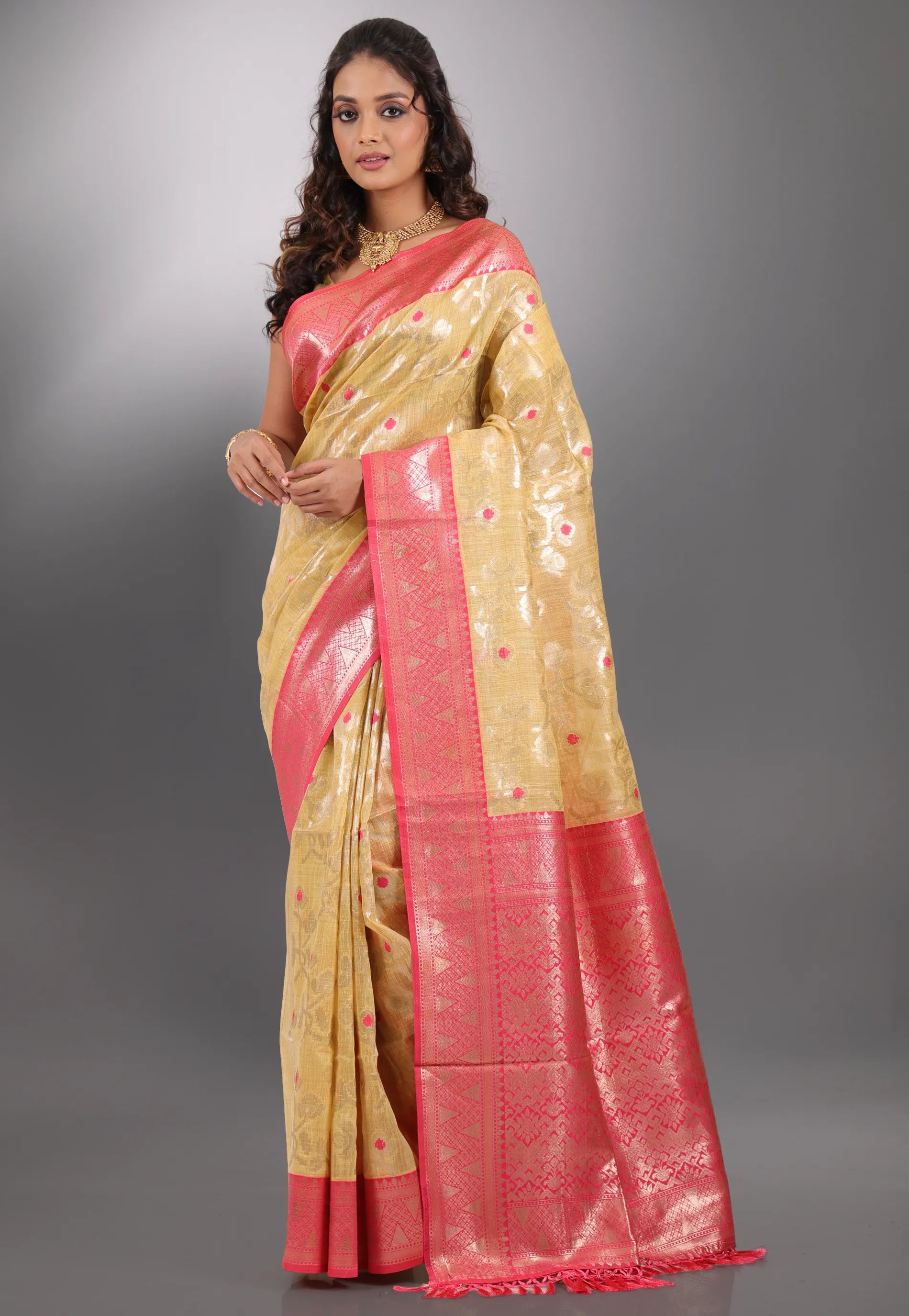 Beige with Zari work Tussar Silk Saree with Blouse Piece - Adi Akshoy & Co.