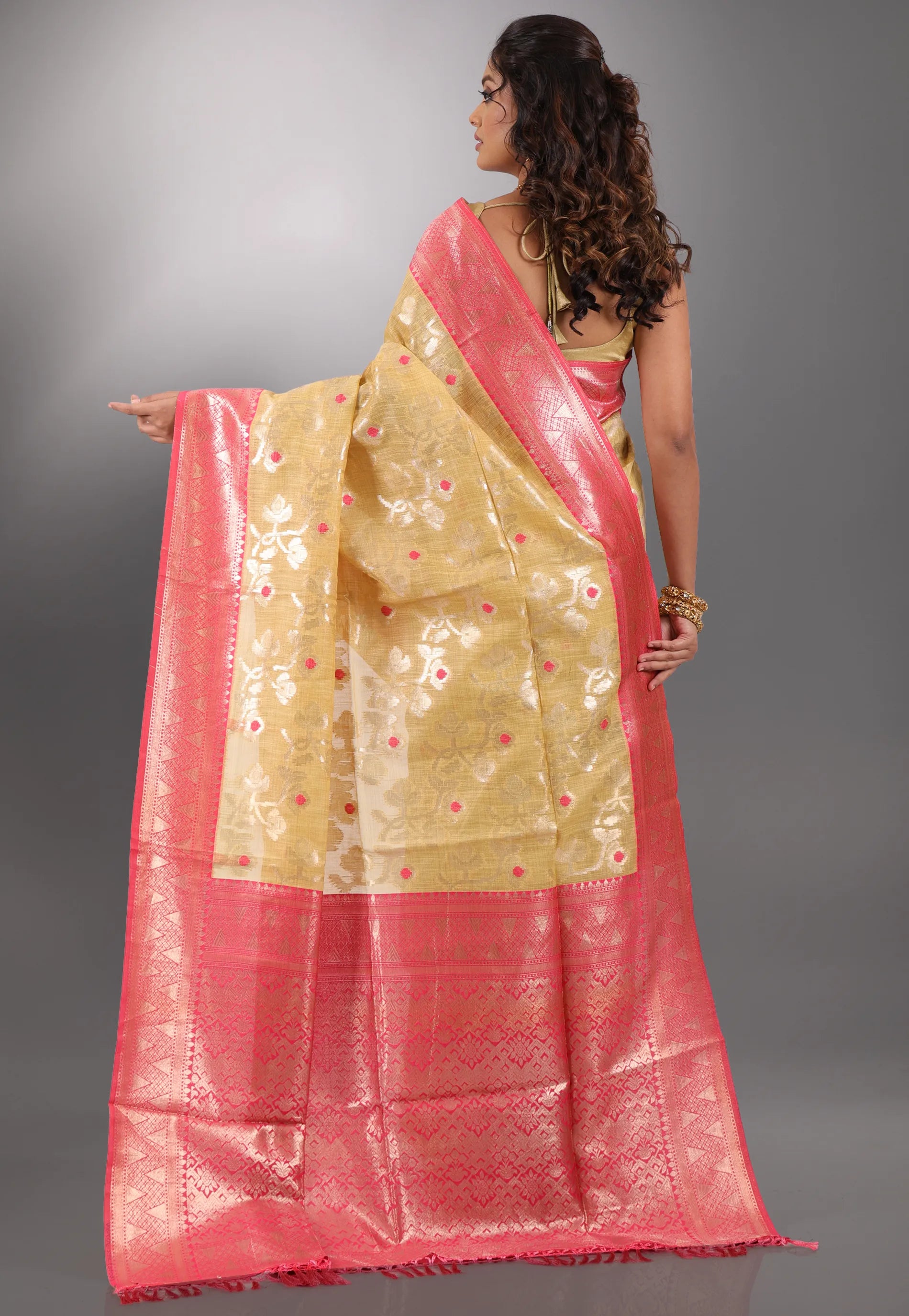 Beige with Zari work Tussar Silk Saree with Blouse Piece - Adi Akshoy & Co.