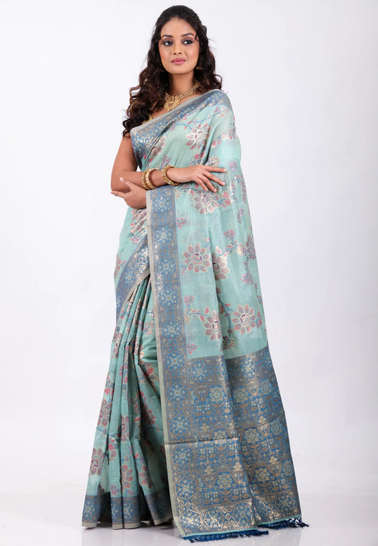 Light Green with Zari work Tussar Silk Saree with Blouse Piece - Adi Akshoy & Co.