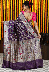 Purple Minakari Kadwa Pure Silk Banarasi Saree with Blouse Piece