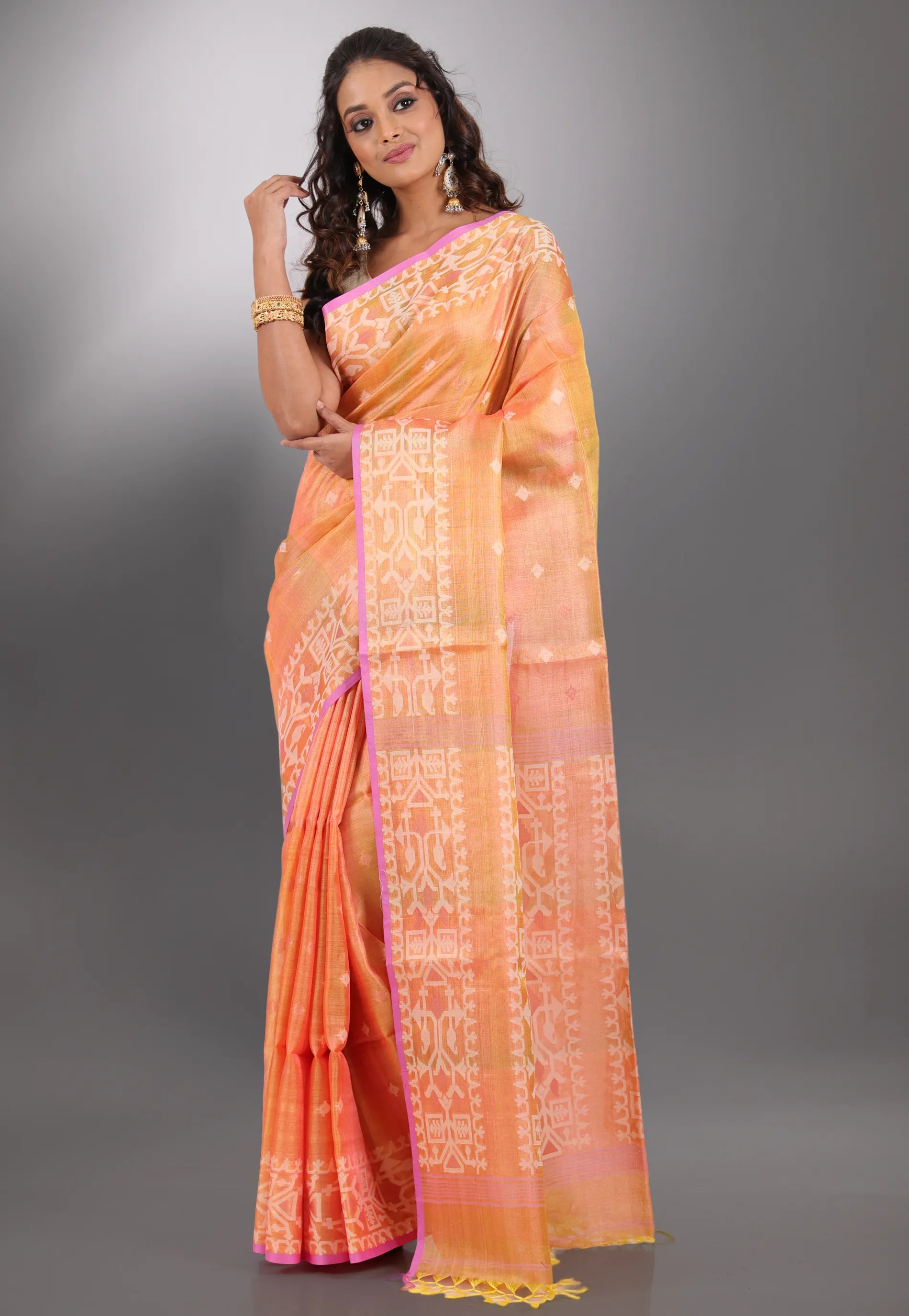 Orange Pure Tussar Dhakai Jamdani Saree with Blouse Piece - Adi Akshoy & Co.