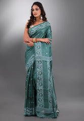 Dark Green Pure Tussar Dhakai Jamdani Saree with Blouse Piece