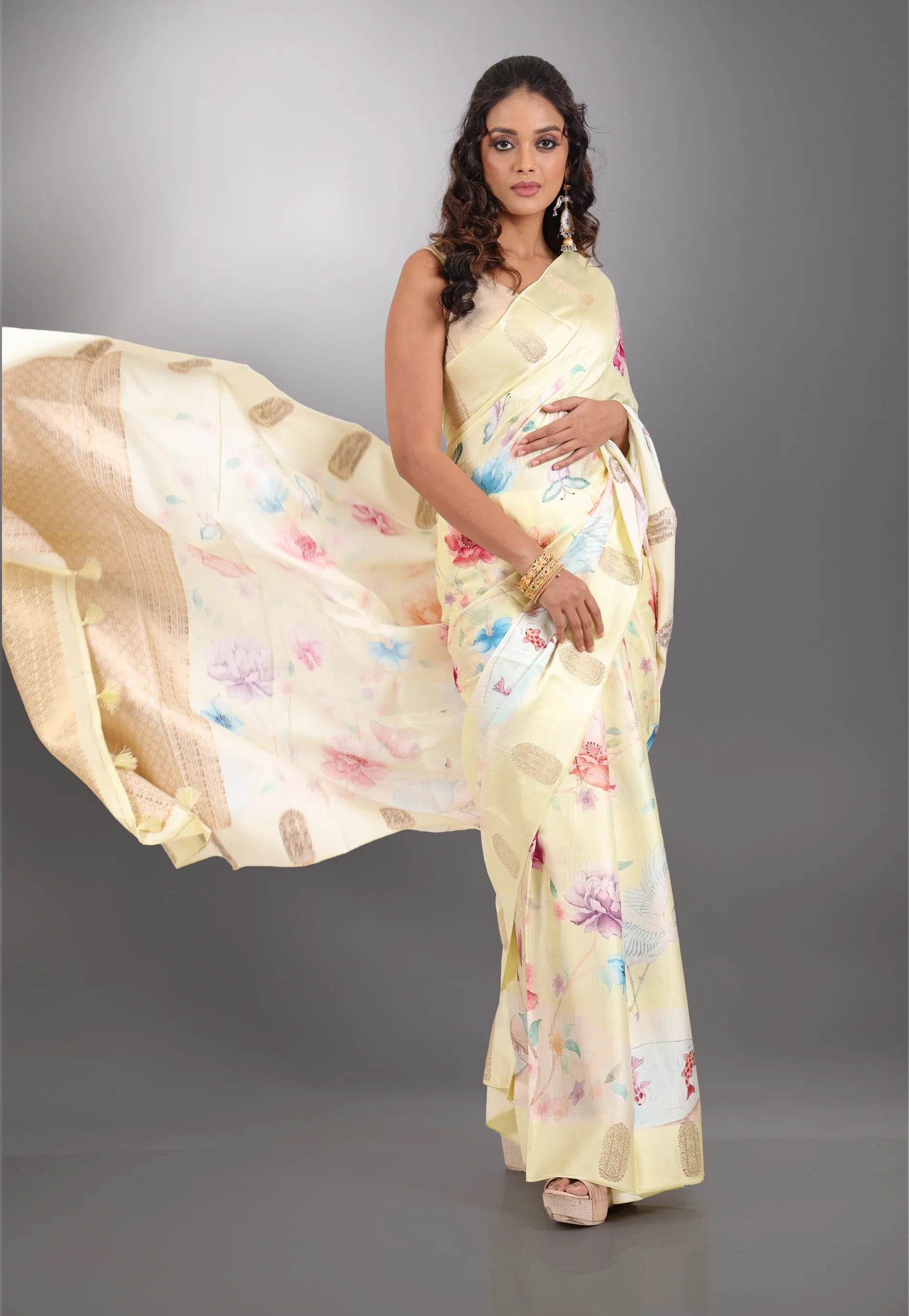 Light Yellow Floral Digital Print Mashru Silk Saree with Blouse Piece - Adi Akshoy & Co.