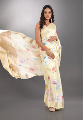 Light Yellow Floral Digital Print Mashru Silk Saree with Blouse Piece - Adi Akshoy & Co.