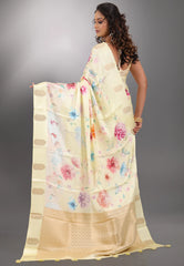 Light Yellow Floral Digital Print Mashru Silk Saree with Blouse Piece - Adi Akshoy & Co.