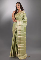 Pista Green with Zari work Kanjivaram Silk Saree With Blouse Piece - Adi Akshoy & Co.