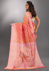 Orange Pure Tussar Dhakai Jamdani Saree with Blouse Piece - Adi Akshoy & Co.